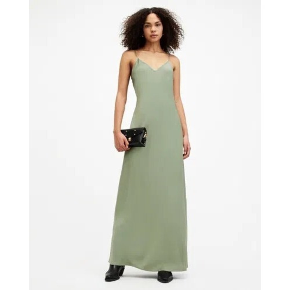 AllSaints Women's Light Green Hayes Sleeveless Satin Maxi Dress Size Medium